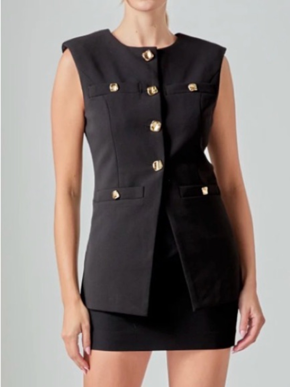 Endless Rose Black Sleeveless Structured Vest with Gold Buttons